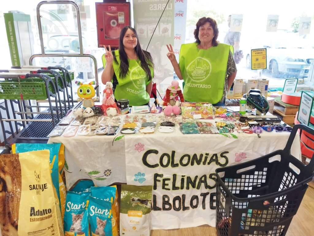 Voluntarias felices y motivadas durante la recogida de alimentos.